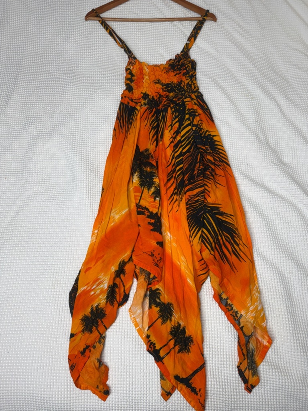 ULUWATU - Orange Tropical Print Handkerchief-Hem Halter Dress - One Size